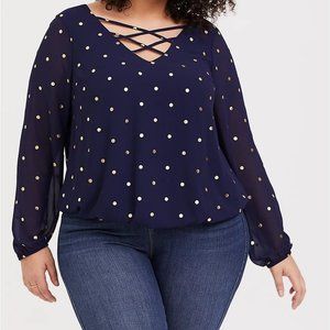 Torrid Navy & Gold Dot Chiffon Long Sleeve Blouse